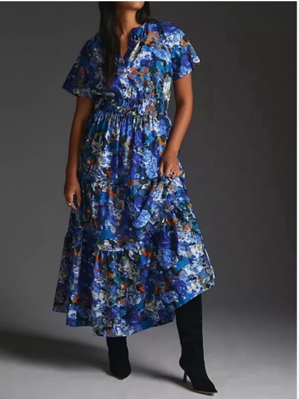 Blue Patterned Anthropologie Somerset Tiered Maxi Dress